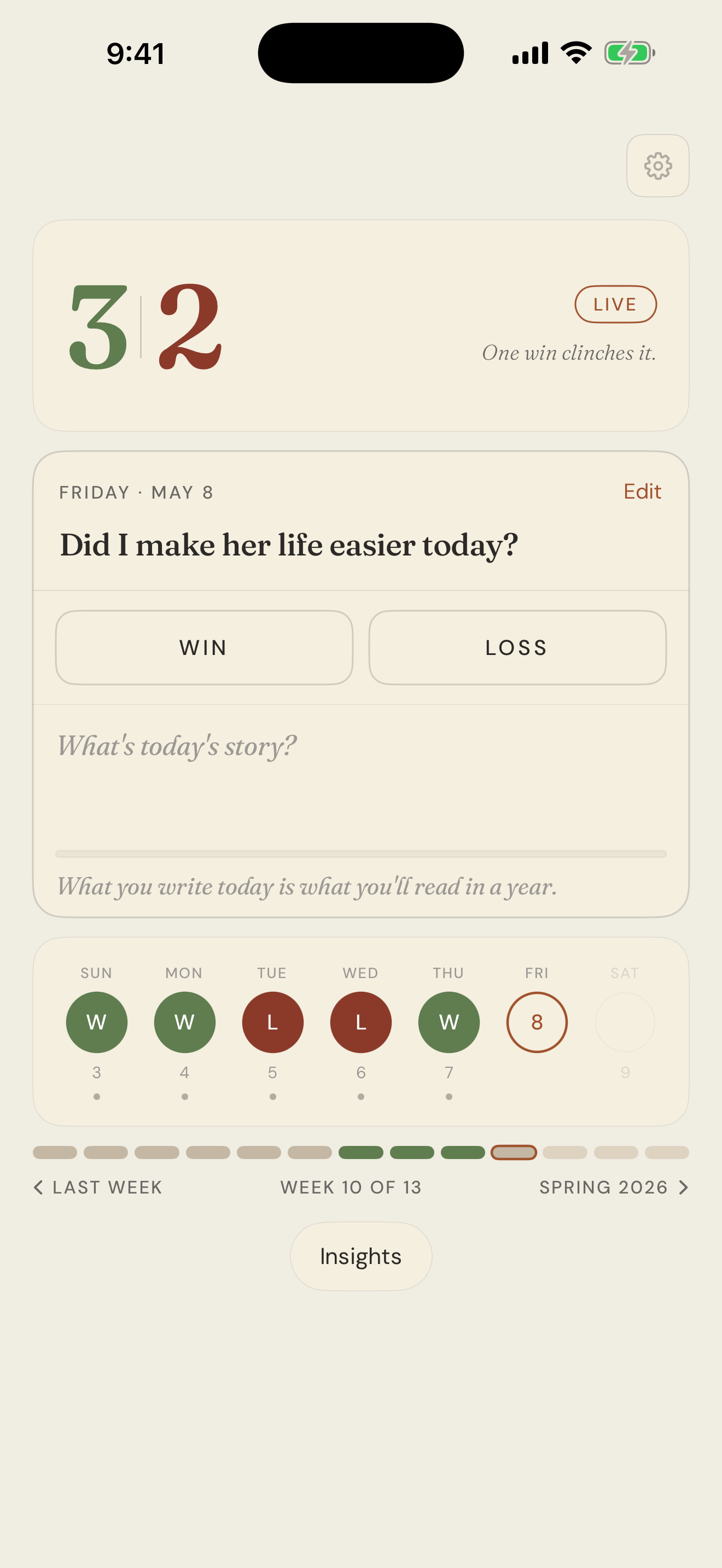 Win the Week home screen. Score card showing 3 to 2 with LIVE badge, today's question 'Did I make her life easier today?', Win and Loss buttons, daily story field, day strip with Sun through Sat circles, and a week 10 of 13 indicator for Spring 2026.