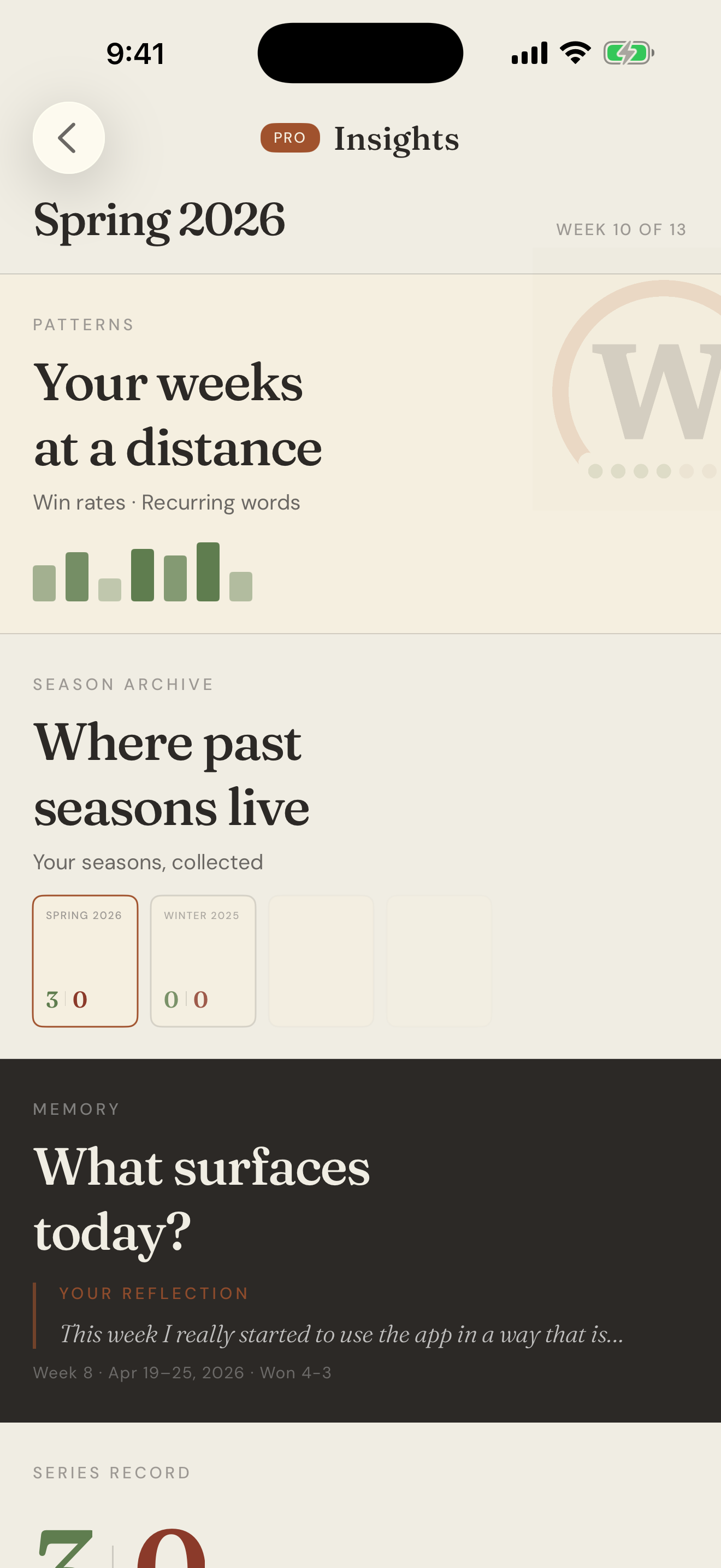 Pro Insights screen showing Patterns 'Your weeks at a distance' with win-rate visualization, Season Archive 'Where past seasons live' with collected season tiles, and Memory 'What surfaces today?' surfacing a past reflection.